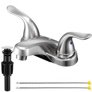 KPWATER Bathroom Sink Faucets 2/3 Hole,Brushed Nickel Dual Handles 4 inch Plastic Plating Over Bathroom Faucet with Pop-up Drain and 2 Supply Hoses for Apartment Rvs Sink Vanity