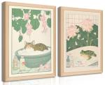 Set of 2 Japanese Bathroom Wall Art Framed Canvas with Cats & Frogs, Wooden Frame, Abstract Nature Poster Prints for Bathroom Decor, Minimalist Zen Painting Art for Home & Spa (12" W*16" H*2piece)