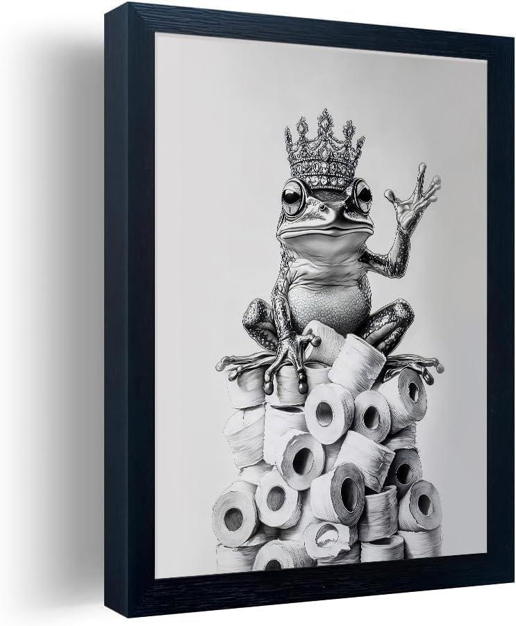Framed Bathroom Decor Wall Art Wear Crown Frog Toilet Paper Pile - Playful Bathroom wall decor Animal Art black and white canvas print can be hung directly - Frame, 8 "x 10"