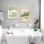 Set of 2 Japanese Bathroom Wall Art Framed Canvas with Cats & Frogs, Wooden Frame, Abstract Nature Poster Prints for Bathroom Decor, Minimalist Zen Painting Art for Home & Spa (12" W*16" H*2piece)