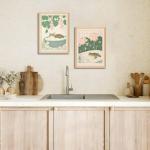 Set of 2 Japanese Bathroom Wall Art Framed Canvas with Cats & Frogs, Wooden Frame, Abstract Nature Poster Prints for Bathroom Decor, Minimalist Zen Painting Art for Home & Spa (12" W*16" H*2piece)