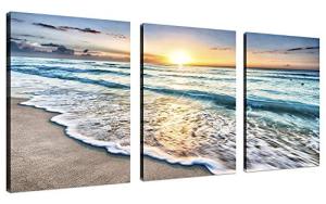 TutuBeer 3 Panel Beach Canvas Wall Art for Home Decor Blue Sea Sunset White Beach Painting the Picture Print on Canvas Seascape the Pictures for Home Decor Decoration,Ready to Hang