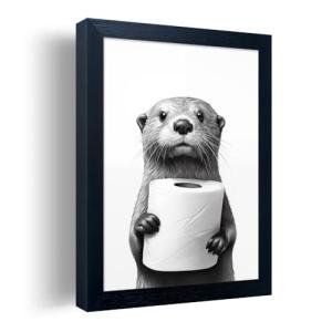 Bathroom Picture Wall Decor, Framed Black and White Bathroom Wall Art, Toilet Paper in Little Funny Raccoon's Hand Animal Canvas Print Painting