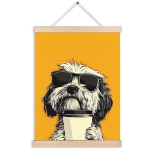 FITIE Trendy Sunglasses Coffee Dog Wall Art Poster Framed, Dog Room Home Decor, Funky Shih Tzu Puppy Canvas Wall Art Prints for Home Coffee Bar Station, 12x16 Inches
