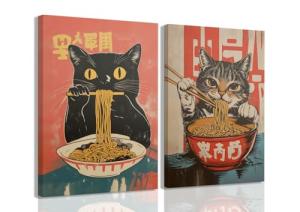 Framed Funny Black Cat Canvas Wall Art Set of 2, Vintage Japanese Cat Eating Ramen Poster, Unique Gifts and Animal Lover Printing Picture for Living Room Kitchen Dining Room Wall Decor 12x16in