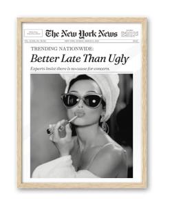 iHery Natural OAK Wood Audrey Hepburn Newspaper Trendy Framed Wall Art, 12x16 in Vintage Headline Canvas Bedroom Wall Decor, Better Late Than Ugly,Set of 1 Bathroom Print Apartment Girly Dorm Room
