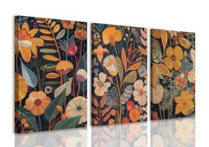 TBKHUDBI Burnt Orange Floral Canvas Wall Art,Mid Century Modern Wall Decor,Boho Terracotta Flower Picture Prints Poster Painting Artwork Set Of 3 For Living Room Bedroom Office 12X16 Framed