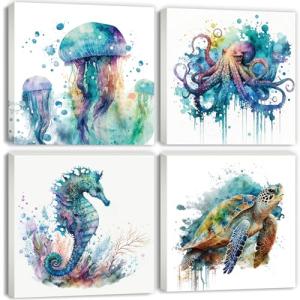 Watercolor Octopus Seaturtle Seahorse Jellyfish Wall Art Beach Bathroom Decor Sea Animal Canvas Pictures for Bedroom Living Room Home Decoration Ocean Marine Life Coastal Painting Artwork 12x12" 4 Pcs