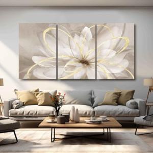 Kureful Large Pictures for Living Room Neutral Wall Art Artwork for Walls Canvas Art Gold Flowers Wall Decor for Girls Women Room Decor 24"x 36"x 3
