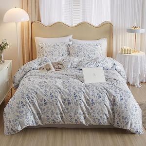 3 Pieces Duvet Cover Queen Size White Bedding Duvet Cover with Blue Floral Print,Soft Cotton Coquette Bedding Comforter Cover Boho Style,Aesthetic Queen Bedding Set with Zipper Closure 4 Ties