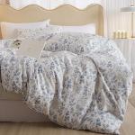 3 Pieces Duvet Cover Queen Size White Bedding Duvet Cover with Blue Floral Print,Soft Cotton Coquette Bedding Comforter Cover Boho Style,Aesthetic Queen Bedding Set with Zipper Closure 4 Ties