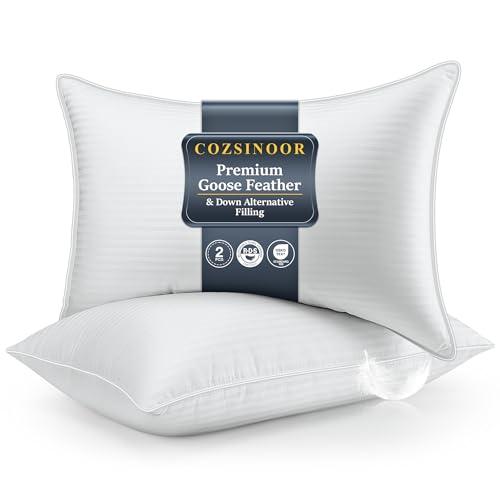 COZSINOOR Goose Feather Pillows Queen Size - Pack of 2, Hotel Down Bed Pillow for Sleeping, Soft 600 TC Cotton Cover, Fluffy Support Surround Fill Down Alternative for Back, Stomach, Side Sleepers