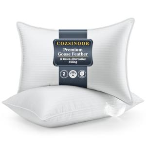 COZSINOOR Goose Feather Pillows Queen Size - Pack of 2, Hotel Down Bed Pillow for Sleeping, Soft 600 TC Cotton Cover, Fluffy Support Surround Fill Down Alternative for Back, Stomach, Side Sleepers