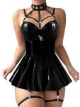 Foxiny Plus Size Curvy Sexy Strappy Leather Underwire Choker Garter Belt Mini Lingerie Set Dress with Thong 3 Piece Women Latex Push Up Night Wear Outfits Pu Black XX-Large