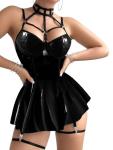 Foxiny Plus Size Curvy Sexy Strappy Leather Underwire Choker Garter Belt Mini Lingerie Set Dress with Thong 3 Piece Women Latex Push Up Night Wear Outfits Pu Black XX-Large