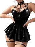 Foxiny Plus Size Curvy Sexy Strappy Leather Underwire Choker Garter Belt Mini Lingerie Set Dress with Thong 3 Piece Women Latex Push Up Night Wear Outfits Pu Black XX-Large