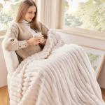 NEWCOSPLAY Super Soft Throw Blanket Ivory Premium Silky Flannel Fleece 3D Ribbed Jacquard Lightweight Bed Blanket All Season Use (Ivory Ribbed, Throw(50"x60"))