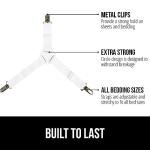 GORILLA GRIP Patent Pending Bed Sheet Holders, Adjustable Elastic Fasteners with Metal Clips, Keep in Place Fitted Bedding Straps, Firm Tight Suspenders for Mattress, US Designed, 4 Pack White