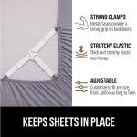 GORILLA GRIP Patent Pending Bed Sheet Holders, Adjustable Elastic Fasteners with Metal Clips, Keep in Place Fitted Bedding Straps, Firm Tight Suspenders for Mattress, US Designed, 4 Pack White