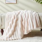NEWCOSPLAY Super Soft Throw Blanket Ivory Premium Silky Flannel Fleece 3D Ribbed Jacquard Lightweight Bed Blanket All Season Use (Ivory Ribbed, Throw(50"x60"))