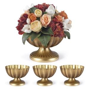 Set of 4, 9'' Wide 6.5'' High Distressed Gold Compote Pedestal Vases, Vintage Antique Urn Planter Vase for Wedding Table Centerpieces, Metal Pot Vases Decorative Bowls for Home Decor