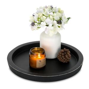 Hanobe Black Round Decorative Coffee Tray Wooden Trays for Coffee Table Centerpieces Dining Room Circle Wood Ottoman Serving Tray for Bathroom Kitchen Counter Candle Holder