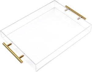 12"x16" Clear Acrylic Serving Tray with Golden Handles, Sturdy Huge Capacity Acrylic Tray for Coffee, Juice, Kitchen and Desk Organizer, Storage Tray (12"x16")
