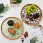 Aayoruro Round Rattan Tray with Mother of Pearl Inlay, Decorative Wicker Serving Tray with Wooden Base, Woven Basket Trays for Bread Fruits Coffee, Leaf