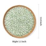 Aayoruro Round Rattan Tray with Mother of Pearl Inlay, Decorative Wicker Serving Tray with Wooden Base, Woven Basket Trays for Bread Fruits Coffee, Leaf