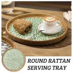 Aayoruro Round Rattan Tray with Mother of Pearl Inlay, Decorative Wicker Serving Tray with Wooden Base, Woven Basket Trays for Bread Fruits Coffee, Leaf