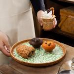 Aayoruro Round Rattan Tray with Mother of Pearl Inlay, Decorative Wicker Serving Tray with Wooden Base, Woven Basket Trays for Bread Fruits Coffee, Leaf
