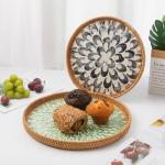 Aayoruro Round Rattan Tray with Mother of Pearl Inlay, Decorative Wicker Serving Tray with Wooden Base, Woven Basket Trays for Bread Fruits Coffee, Leaf