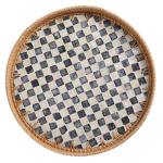 Tynulox Round Rattan Tray with Mother of Pearl Inlay, Rattan Serving Tray for Coffee, Bread, Fruits, Decorative Wicker Tray for Table Decor, Home Decor, Kitchen Island Decor(Black Checkerboard, 11.8")