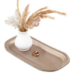 Wooden Decorative Tray, 13.9×5.9" Oval Distressed Boho Coffee Table Tray Decor, Kitchen Dining Table Trays Farmhouse Home Decor, Wood Beaded Rustic Trays for Living Room, Bathroom (Golden Brown)