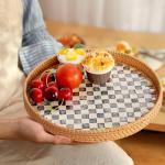 Tynulox Round Rattan Tray with Mother of Pearl Inlay, Rattan Serving Tray for Coffee, Bread, Fruits, Decorative Wicker Tray for Table Decor, Home Decor, Kitchen Island Decor(Black Checkerboard, 11.8")