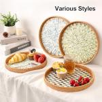 Tynulox Round Rattan Tray with Mother of Pearl Inlay, Rattan Serving Tray for Coffee, Bread, Fruits, Decorative Wicker Tray for Table Decor, Home Decor, Kitchen Island Decor(Black Checkerboard, 11.8")