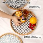 Tynulox Round Rattan Tray with Mother of Pearl Inlay, Rattan Serving Tray for Coffee, Bread, Fruits, Decorative Wicker Tray for Table Decor, Home Decor, Kitchen Island Decor(Black Checkerboard, 11.8")