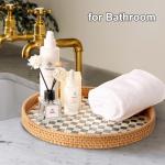 Tynulox Round Rattan Tray with Mother of Pearl Inlay, Rattan Serving Tray for Coffee, Bread, Fruits, Decorative Wicker Tray for Table Decor, Home Decor, Kitchen Island Decor(Black Checkerboard, 11.8")