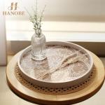 Hanobe Decorative Serving Tray Round: Farmhouse Coffee Table Decor Boho White Trays for Ottoman Wood Centerpiece Rustic Mandala Home Decor Living Room Kitchen Counter Display