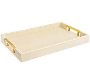 Modern Elegant 18”x12” Rectangle Cream Rectangle Shagreen Faux Leather Decorative Tray Ottoman Tray Coffee Table Perfume Living Room Kitchen Serving Tray with Gold Polished Metal Handles.