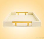 Modern Elegant 18”x12” Rectangle Cream Rectangle Shagreen Faux Leather Decorative Tray Ottoman Tray Coffee Table Perfume Living Room Kitchen Serving Tray with Gold Polished Metal Handles.