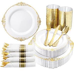 Nervure 350PCS Gold Plastic Plates - Gold Plastic Dinnerware Sets for 50 Guests - 100 Disposable Plates, 150 Silverware, 50 Cups, 50 Napkins for Wedding & Party & Thanksgiving