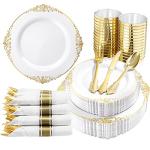 Nervure 350PCS Gold Plastic Plates - Gold Plastic Dinnerware Sets for 50 Guests - 100 Disposable Plates, 150 Silverware, 50 Cups, 50 Napkins for Wedding & Party & Thanksgiving