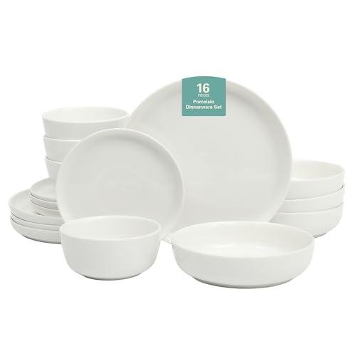 Gibson Home Oslo Porcelain Chip and Scratch Resistant Dinnerware Set, Service for 4 (16pcs), Plates and Bowls Dishes Sets, White