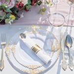 Nervure 350PCS Gold Plastic Plates - Gold Plastic Dinnerware Sets for 50 Guests - 100 Disposable Plates, 150 Silverware, 50 Cups, 50 Napkins for Wedding & Party & Thanksgiving