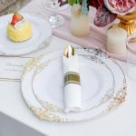 Nervure 350PCS Gold Plastic Plates - Gold Plastic Dinnerware Sets for 50 Guests - 100 Disposable Plates, 150 Silverware, 50 Cups, 50 Napkins for Wedding & Party & Thanksgiving