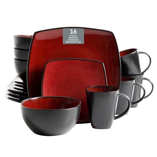 Gibson Soho Lounge Square Reactive Glaze Dinnerware Set, Red, Service for 4 (16pcs)