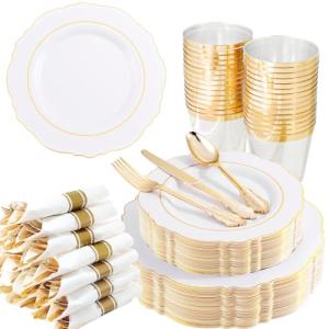 Liacere 350PCS Gold Plastic Plates-Disposable White and Gold Plates 50guest Baroque Plastic Dinnerware include 100Plates, 50Pack Pre Rolled Napkins with Silverware 50Cups for Wedding&Mother's Day
