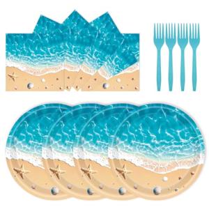 72PCS Beach Plates and Napkins, Ocean Waves Party Supplies Paper Plates and Napkins with Forks Disposable Tableware Set for Hawaiian Ocean Themed Party Decorations