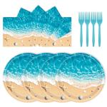 72PCS Beach Plates and Napkins, Ocean Waves Party Supplies Paper Plates and Napkins with Forks Disposable Tableware Set for Hawaiian Ocean Themed Party Decorations